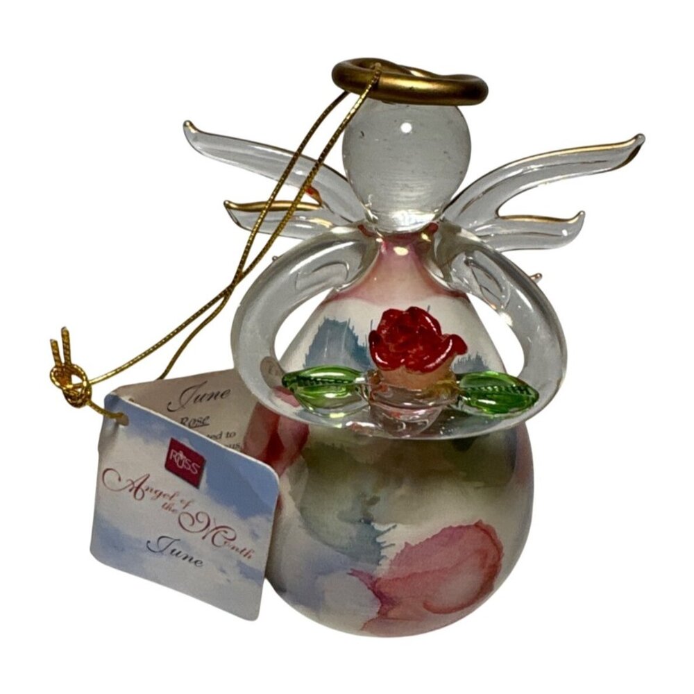 Russ Berrie June Angel Of The Month Rose Handcrafted Glass Figurine With Tag